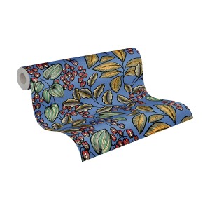 Blau-gelb-rote Blumentapete von PROFHOME mit floralem Muster.