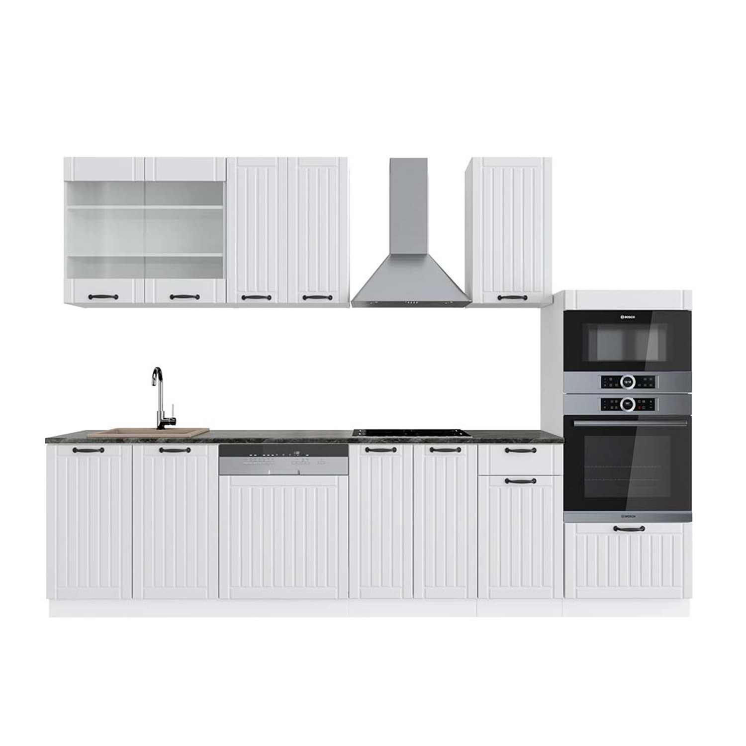 Vicco Fame-Line Küchenzeile Weiß Landhaus/Weiß 300 cm mit HochschrankAP Ant günstig online kaufen