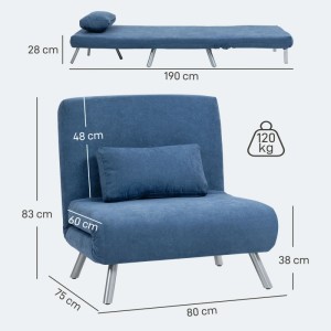 Blauer HOMCOM Schlafsessel 2-in-1 mit Bettfunktion und Kissen. Zeigt Sessel und ausgeklapptes Bett mit Maßen.