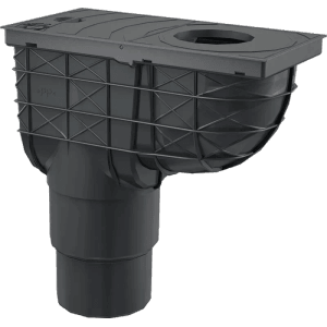 Schwarzer Alcadrain Regensinkkasten 300x155 mm mit senkrechtem Abgang für Entwässerungsrinnen.