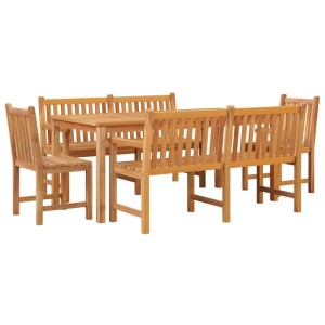 5-tlg. Garten Essgruppe aus Teakholz: Tisch, 2 Bänke und 2 Stühle für den Garten.