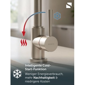 SCHÜTTE Spültischarmatur Cornwall Edelstahl gebürstet. Cold-Start-Funktion reduziert Energieverbrauch und Kosten.