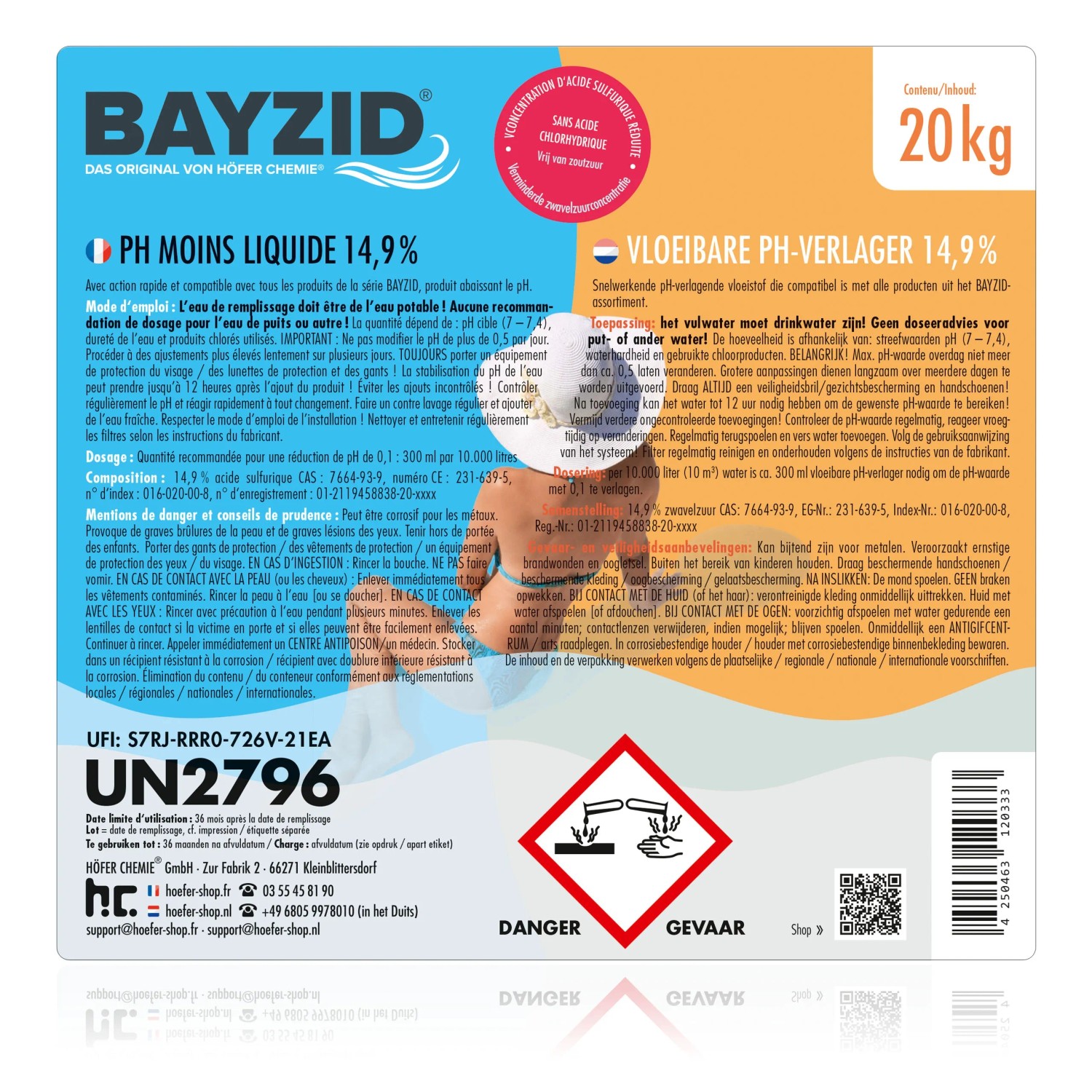 Bayzid pH Minus flüssig 14,9%, 20kg Kanister zur pH-Wert Senkung im Pool.