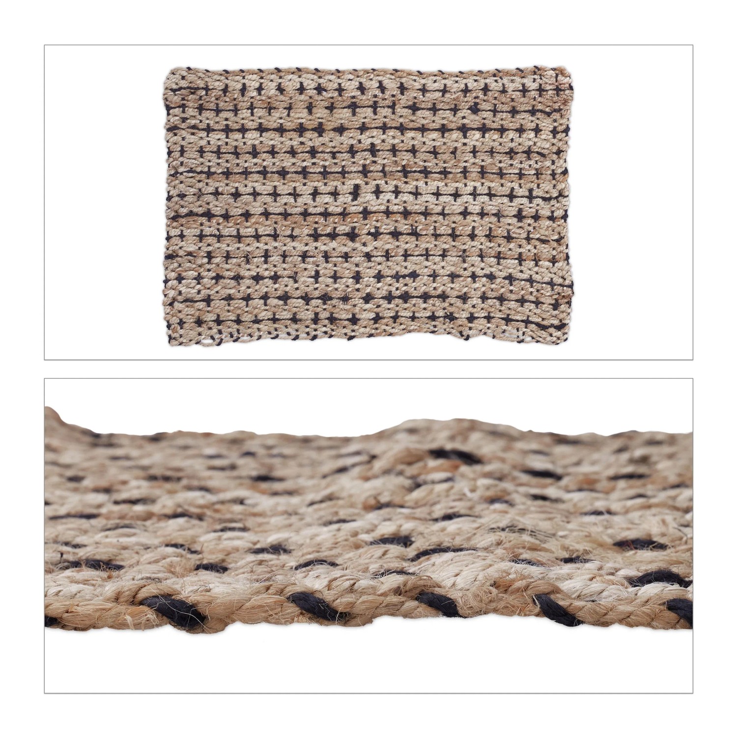 Relaxdays Teppichläufer Jute Beige Schwarz Handgefertigt Antistatisch Schalldämmend 60 cm x 90 cm 1,5 kg