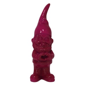 Magenta Zwerg Dekofigur mit Herz, 18 cm, für die Gartendekoration.