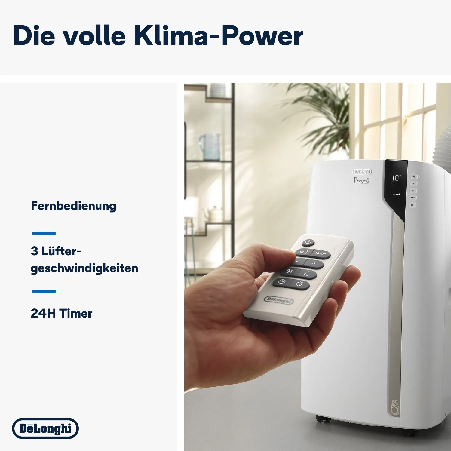 DeLonghi Pinguino Extreme PAC EX93 Klimagerät mit Fernbedienung im Wohnraum.