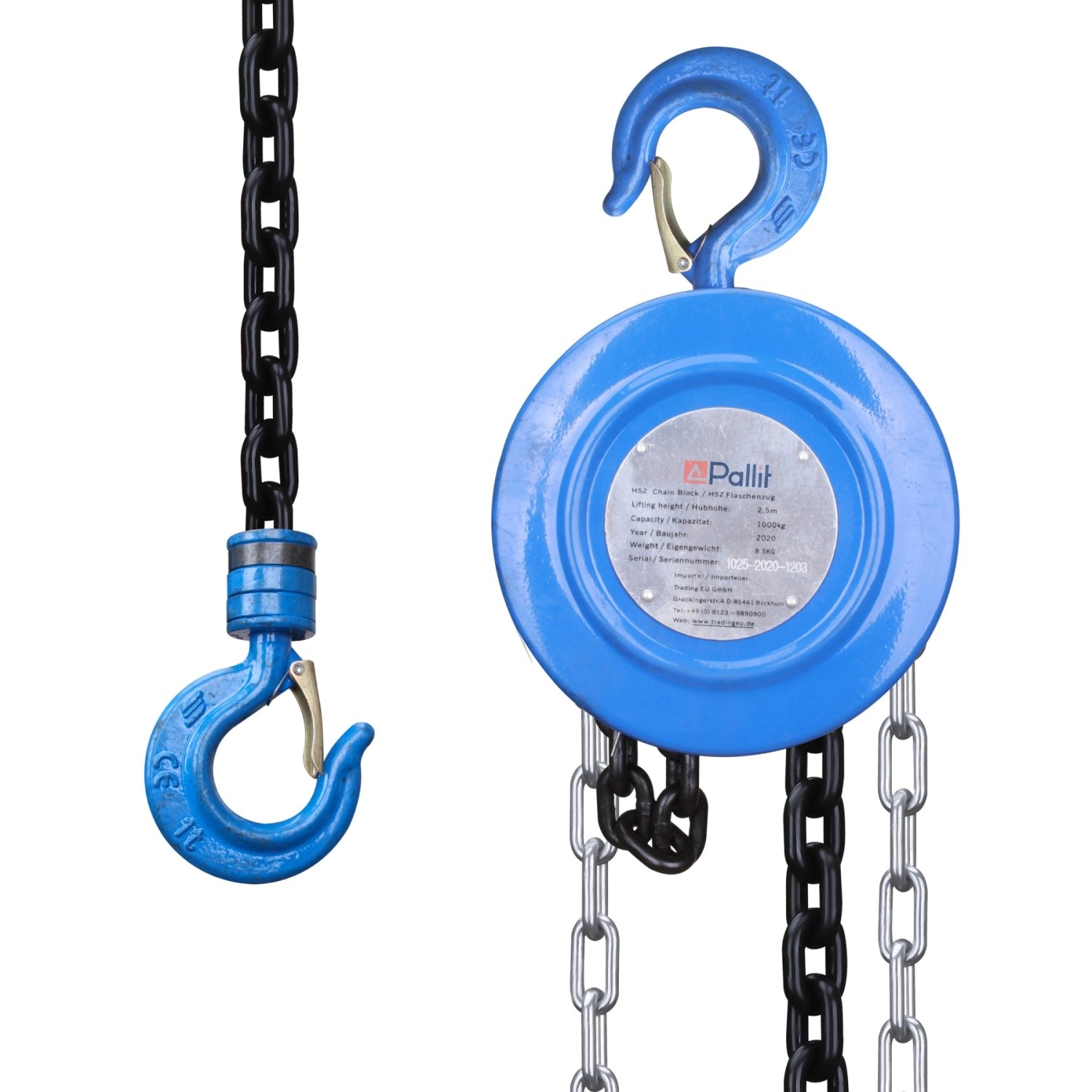 Pallit CHAIN-S Flaschenzug 1000 kg Tragkraft Kettenzug 2,5 m Stahlkette Seilzug mit 360° Drehbarer Haken Mechanischer La...