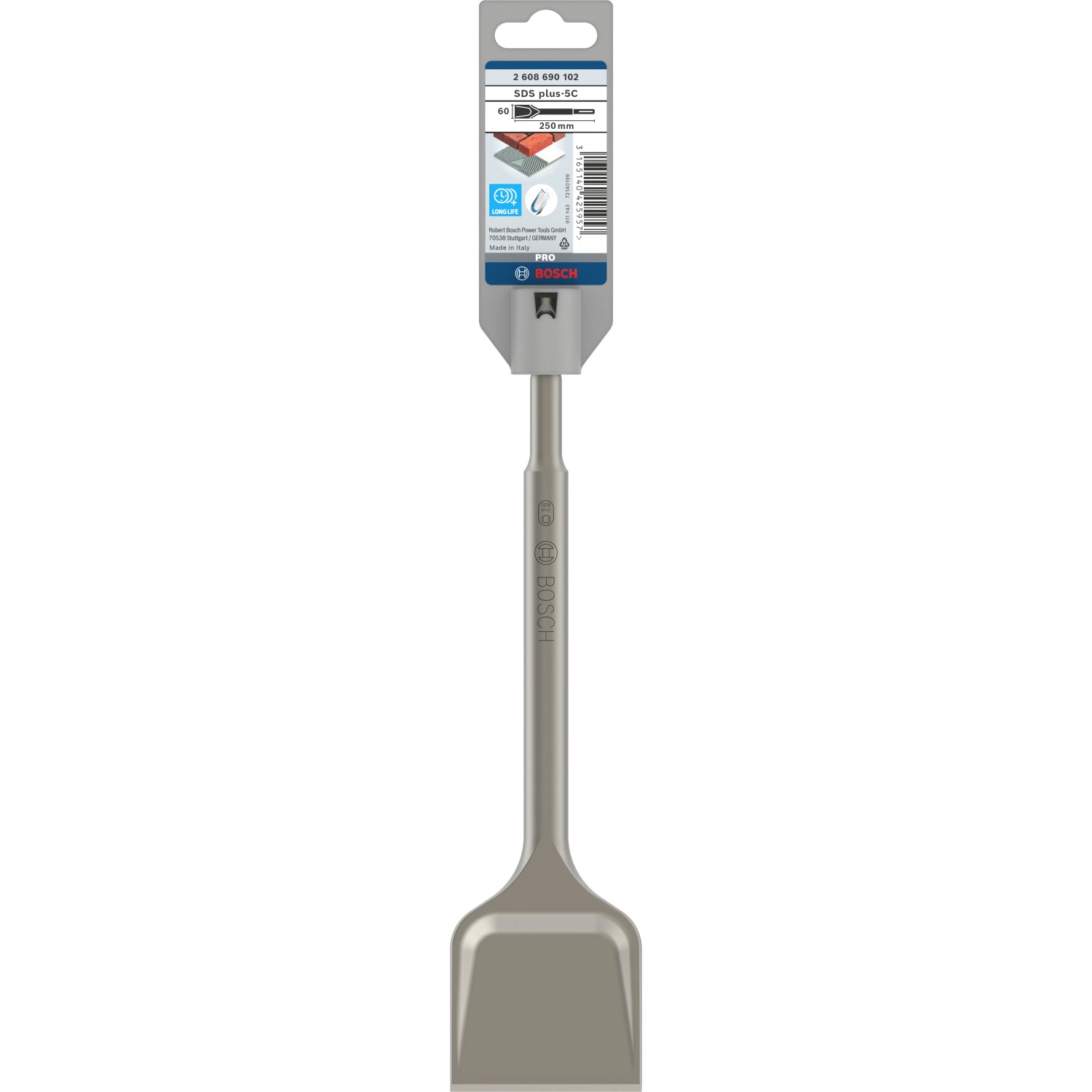 Bosch Spatmeißel SDS plus, 250 mm, zum Entfernen von Putz und Betonresten.