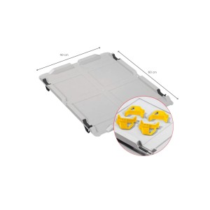 PROREGAL Spar Set: 10 graue Euroboxen mit Deckel und gelben Schiebeschnappverschlüssen.