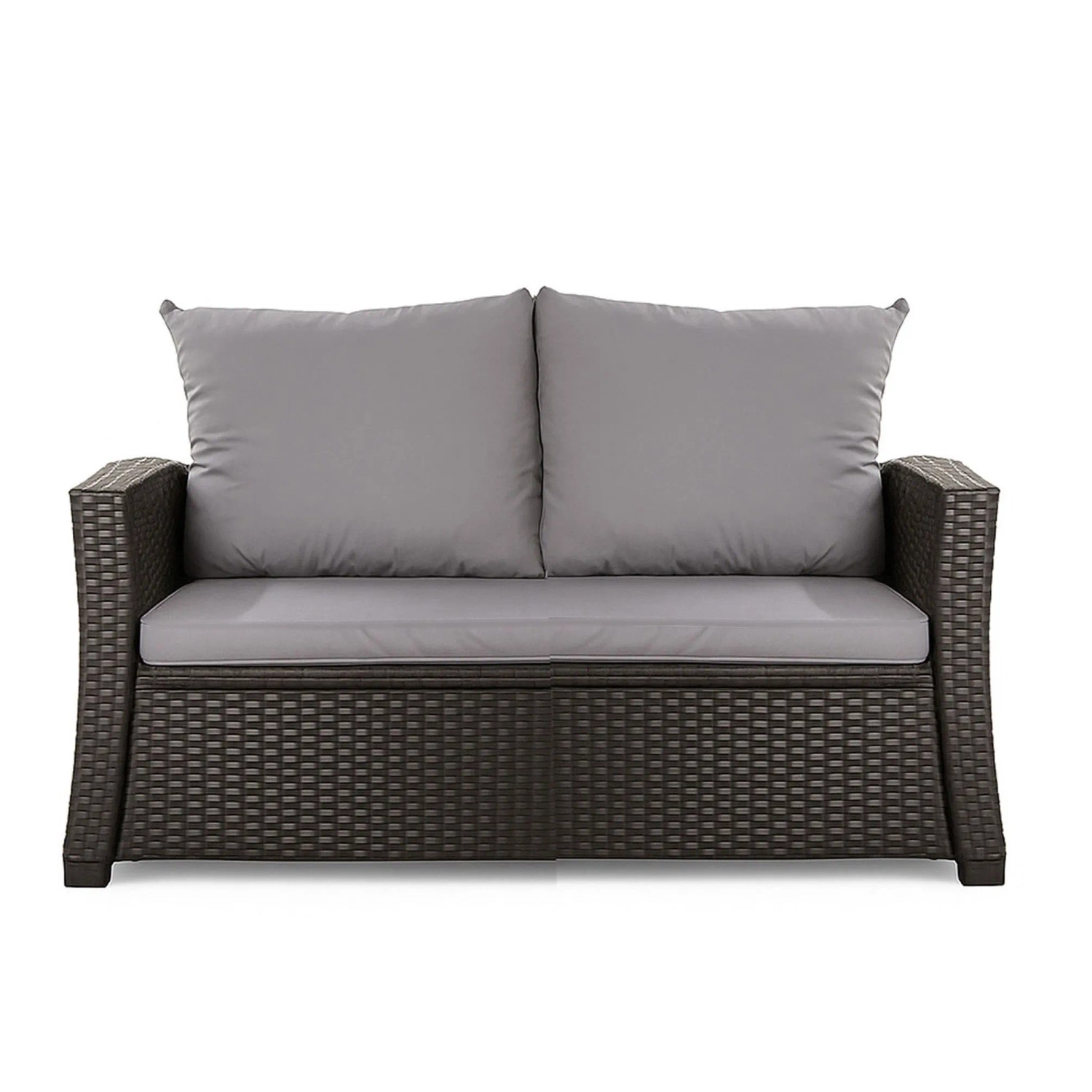 Graues 2-Sitzer Gartensofa mit Polyrattan und Kissen aus dem Setgarden Mix-Techno.