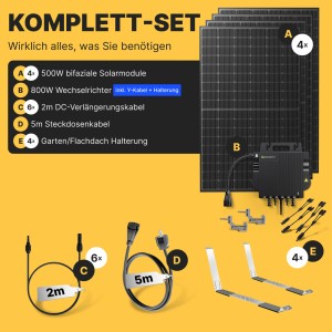 Solakon Balkonkraftwerk 2000W Solaranlage mit Gartenhalterung Steckerfertig Komplettset Photovoltaik 800W Kabellänge 5m