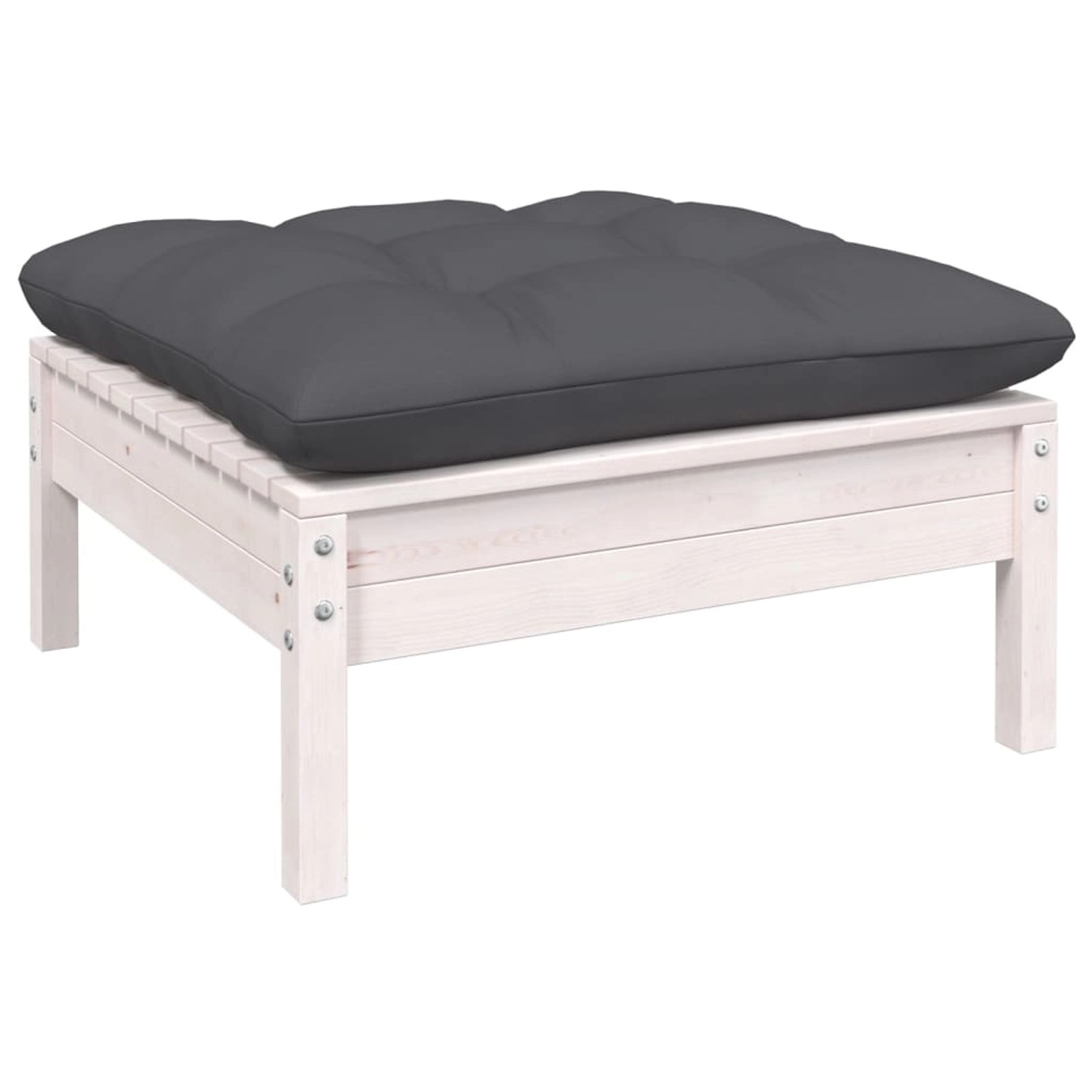 vidaXL Gartenmöbel: Hocker/Tisch aus Kiefer massiv, weiß, mit anthrazitfarbenem Kissen.