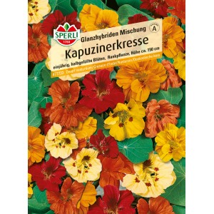 Samenpackung Sperli Kapuzinerkresse Glanzhybriden Mischung mit roten, gelben und orangen Blüten.