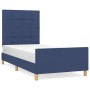Blaues Stoff-Bettgestell 90x190 cm mit gepolstertem Kopfteil.