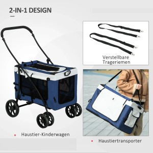 PawHut 2-in-1 Hundebuggy mit abnehmbarem Korb, blau/weiß, als Kinderwagen und Transportbox nutzbar.