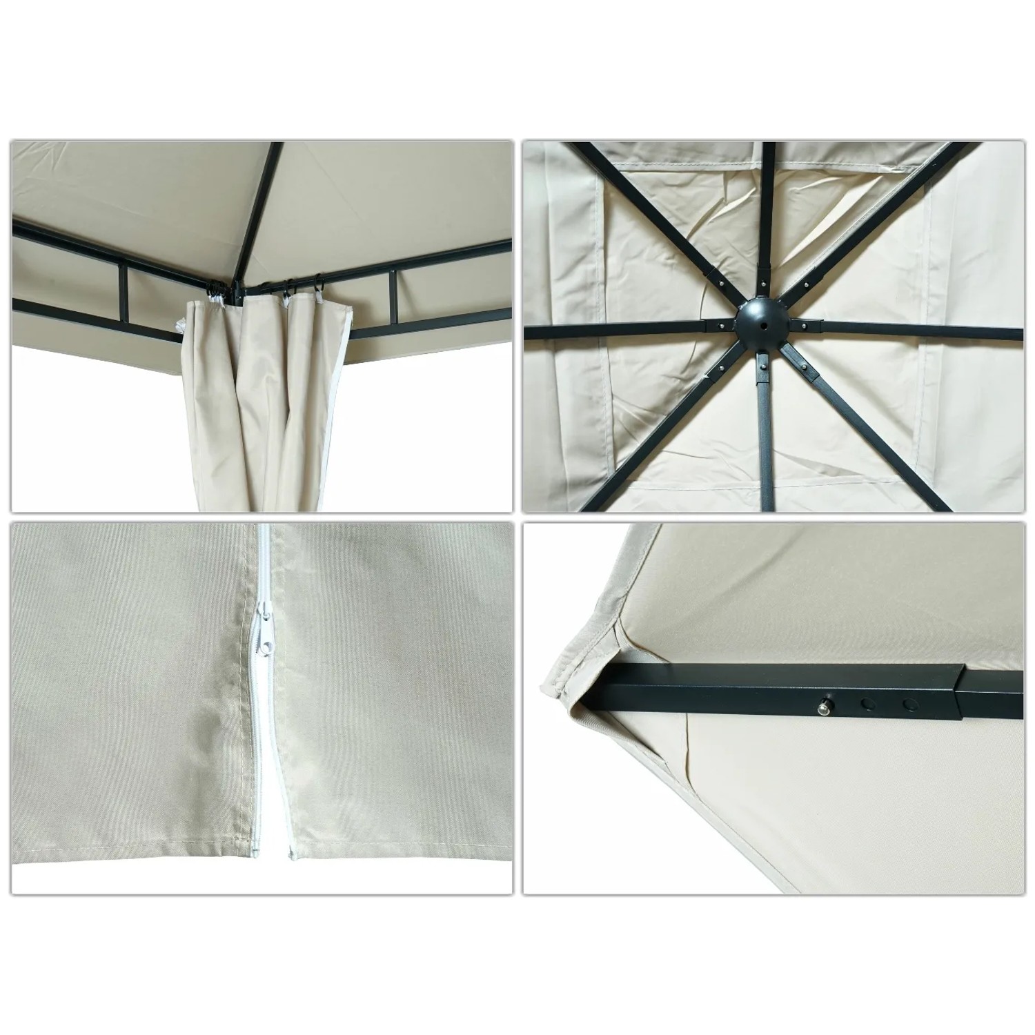 Detailansichten der MCW Pergola J63 in Creme-Beige: Dach, Gestell, Seitenwand mit Reißverschluss.