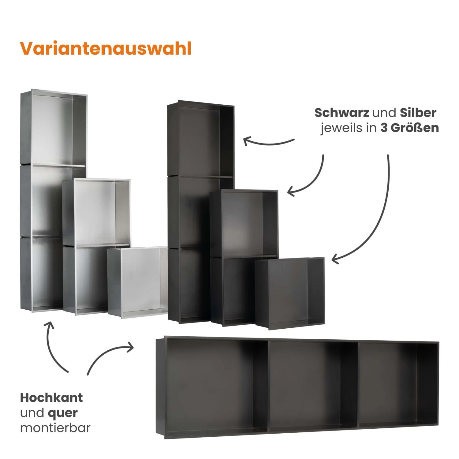 Dalsys Wandnischen aus Edelstahl in Schwarz und Silber, verschiedene Größen und Montagearten.