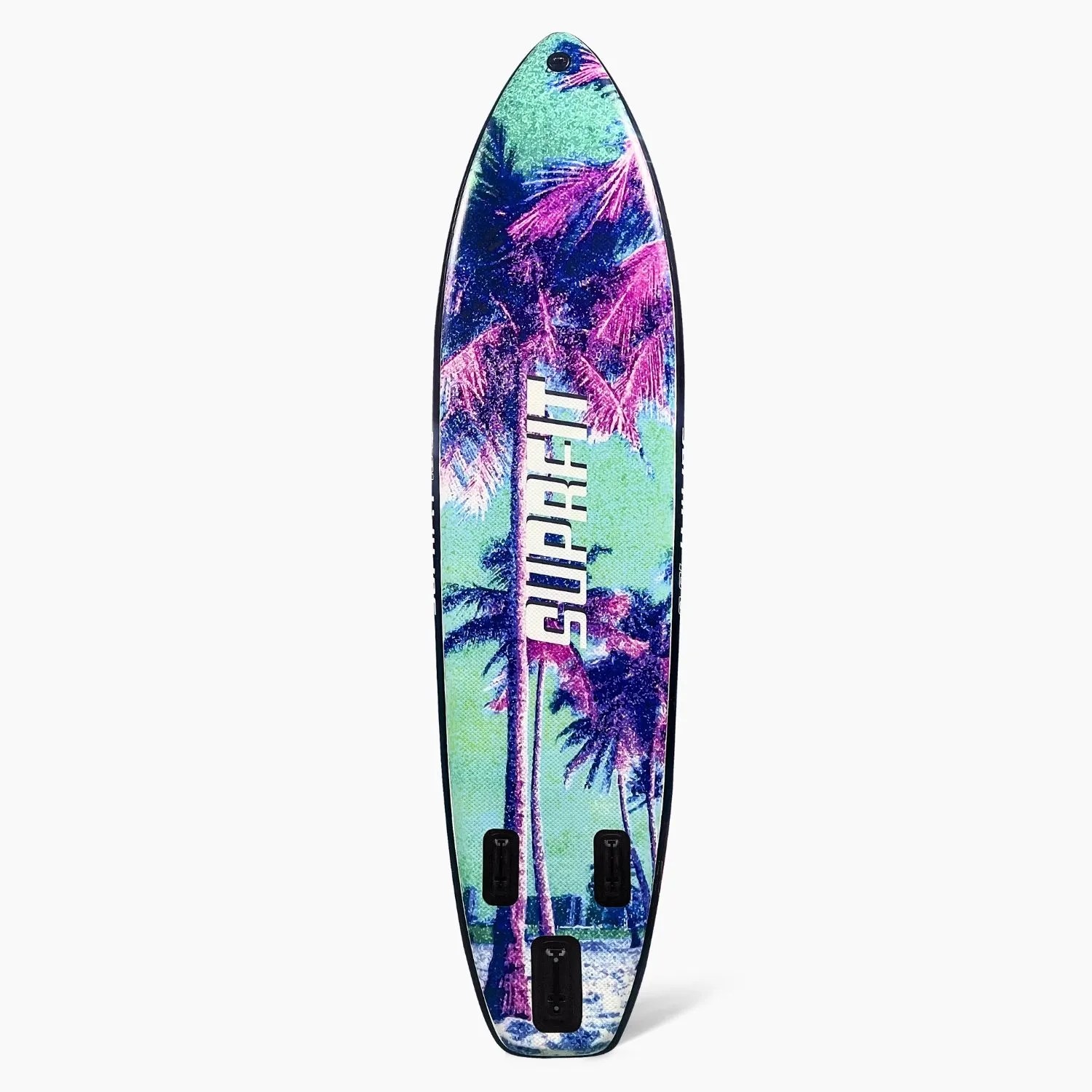 Suprfit SUP Board Sunset Vice mit tropischem Palmen-Design in Blau, Pink, Türkis. Aufblasbares Stand-Up Paddling Board für Wassersport.
