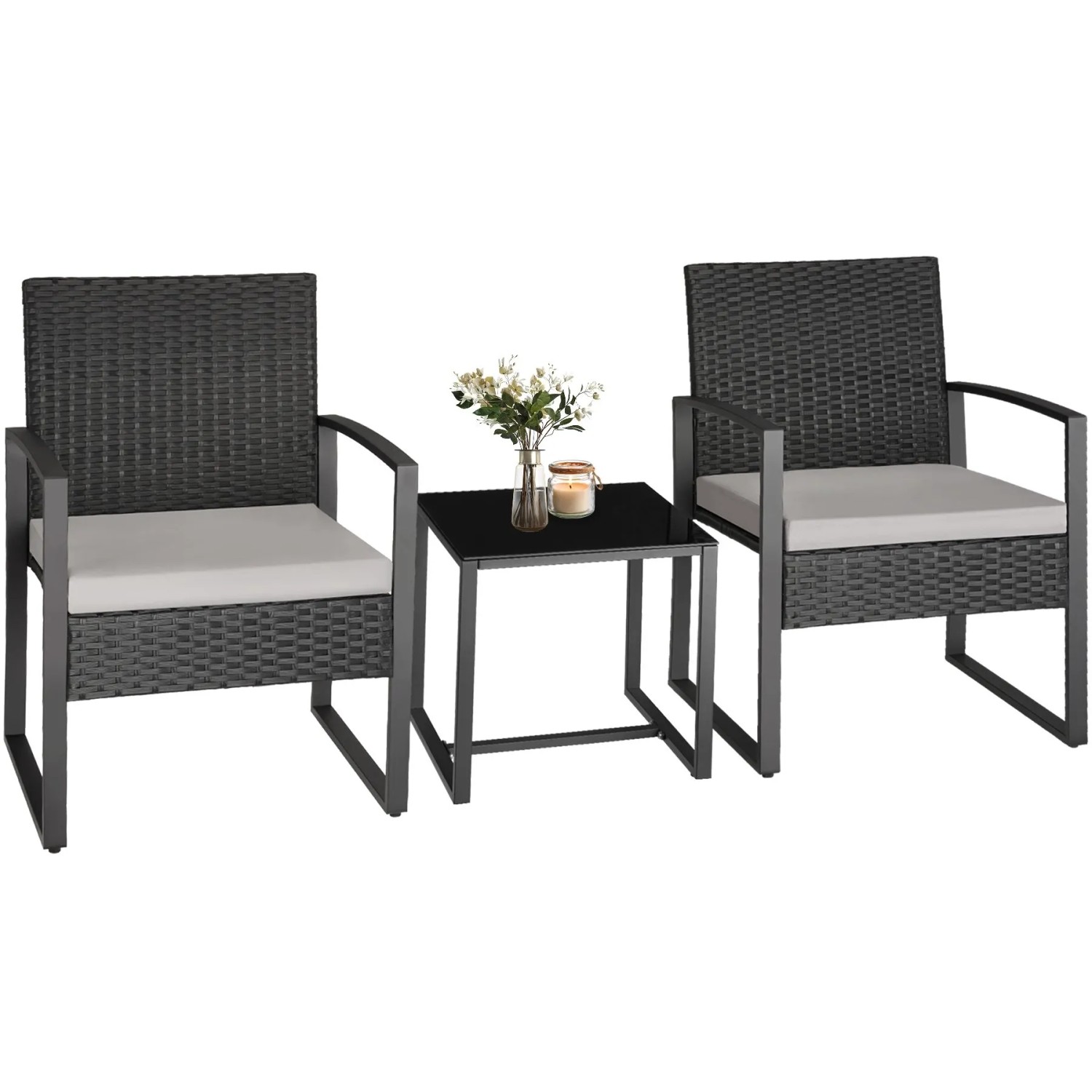 Tectake Rattan Sitzgruppe Granada Für 2 Personen Widerstandsfähig  55 50 x 58 x 78 cm Hellgrau Schwarz
