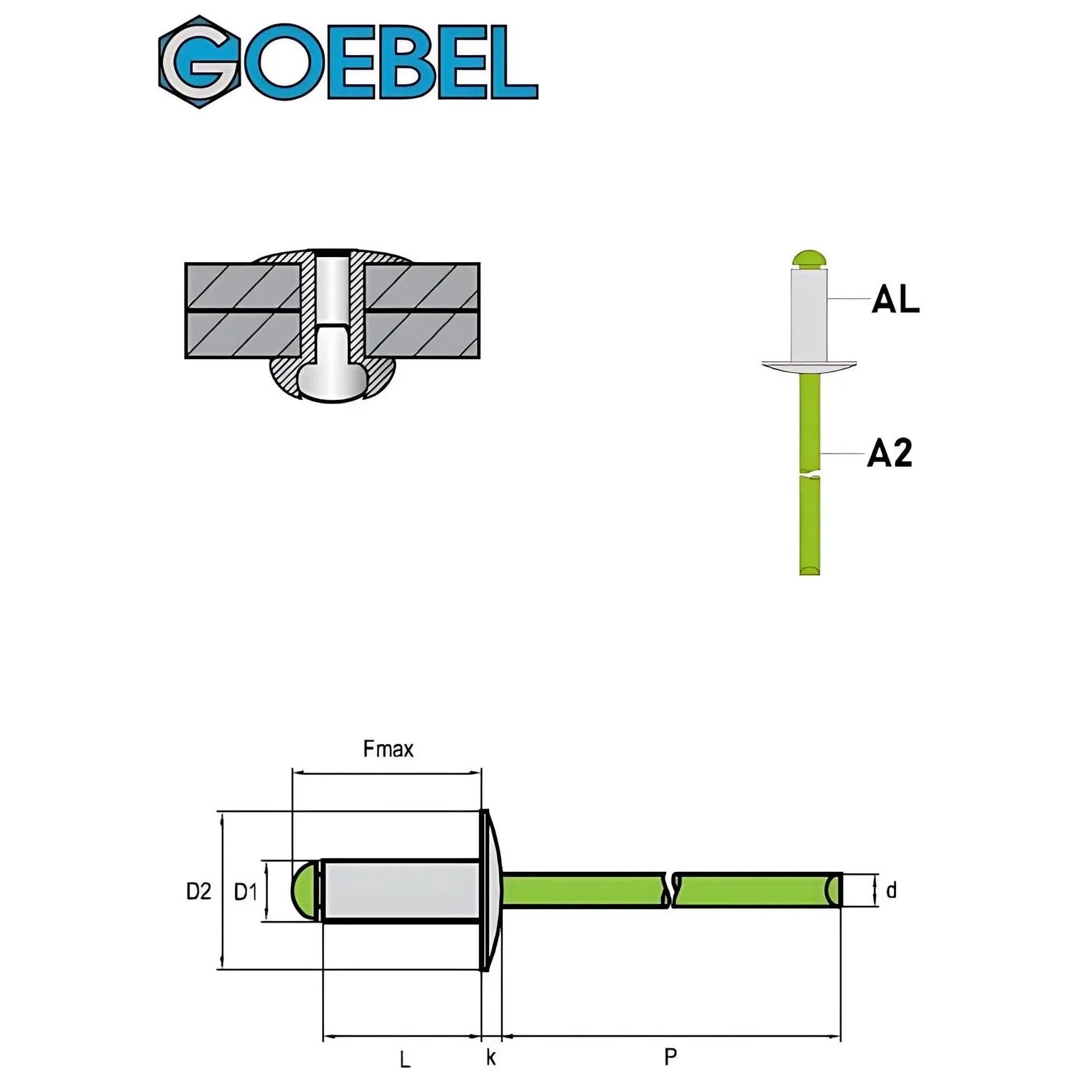 Technische Zeichnung: GOEBEL 500 Großkopfniete, Aluminium/Edelstahl A2, 5,0 x 10,0 mm.