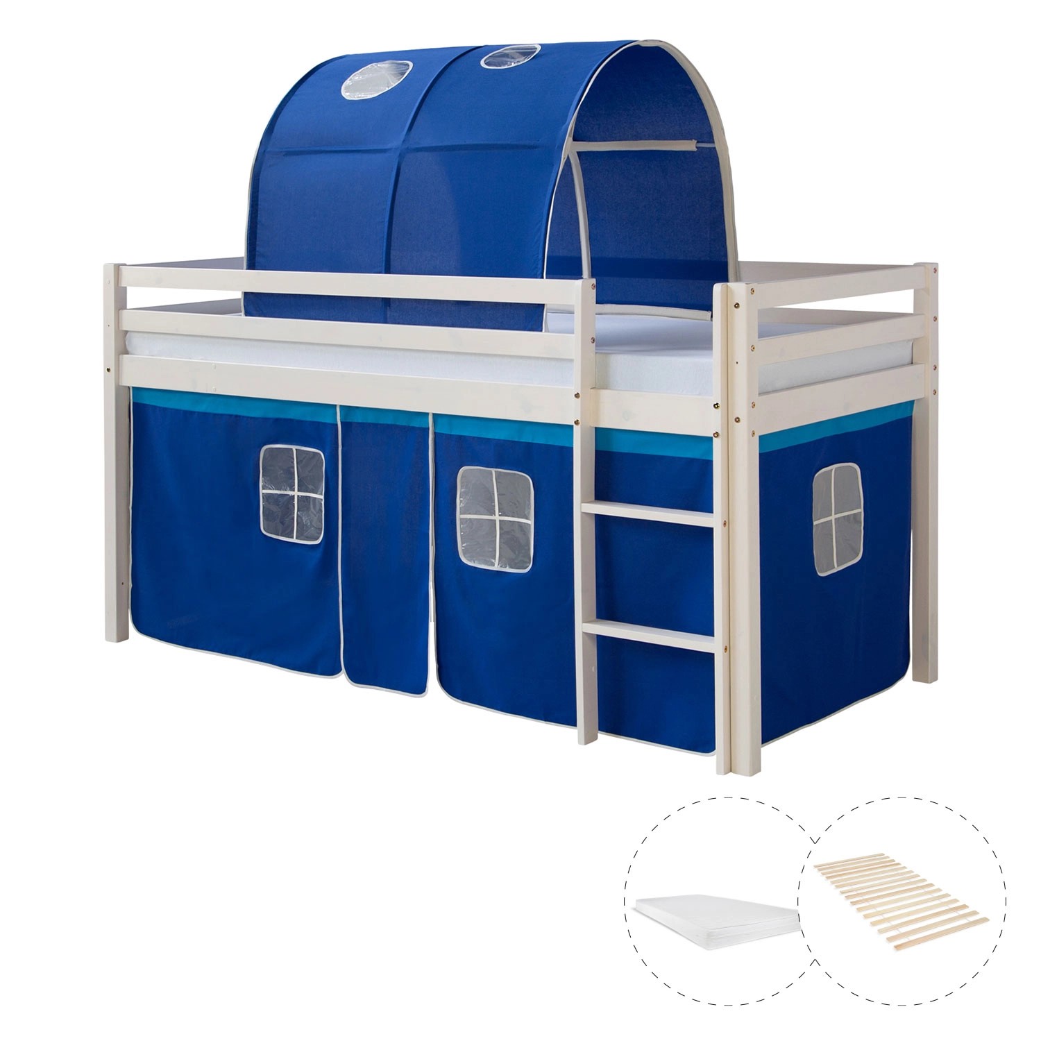 Homestyle4u Hochbett 90x200 mit Vorhang Lattenrost Matratze Tunnel in Weiß günstig online kaufen