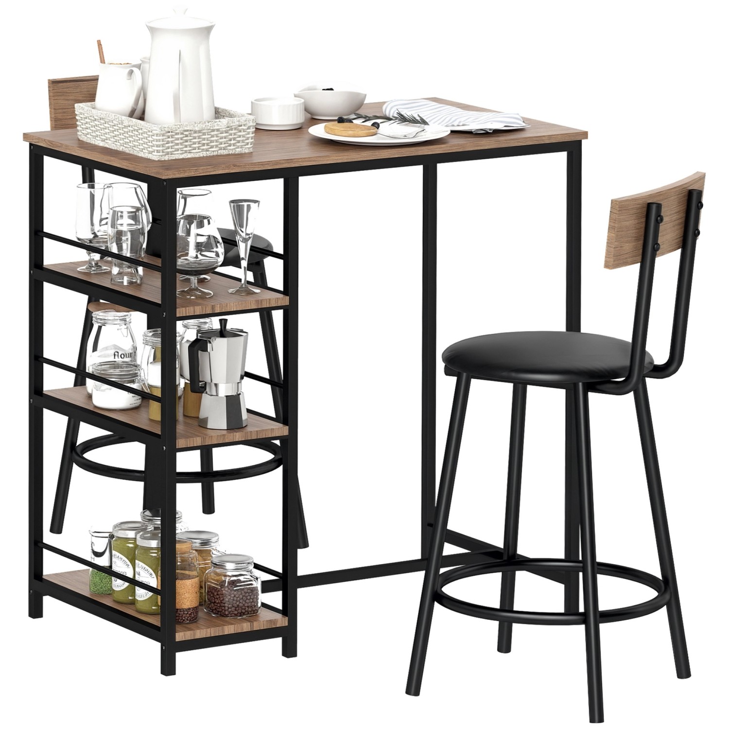 HOMCOM Bartisch Set mit Barhocker Set 3-tlg Stahl MDF Eiche 90L x 50B x 90,5H cm