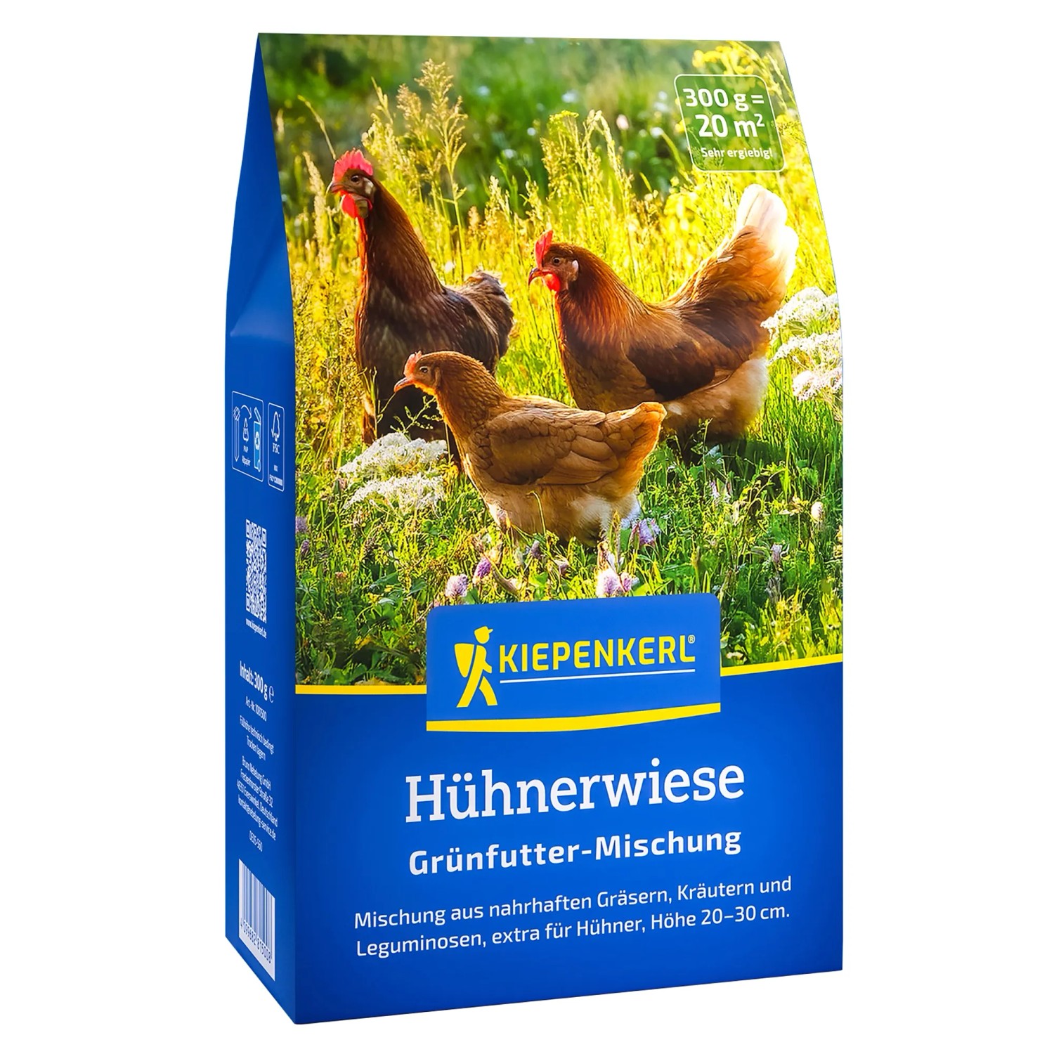 Kiepenkerl Hühnerwiese Gründünger, 300g Packung mit Hühnern auf der Wiese.