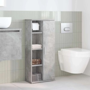 Betongrauer Badezimmerschrank mit Rollenhalter, offenen Fächern und Tür in modernem Bad.