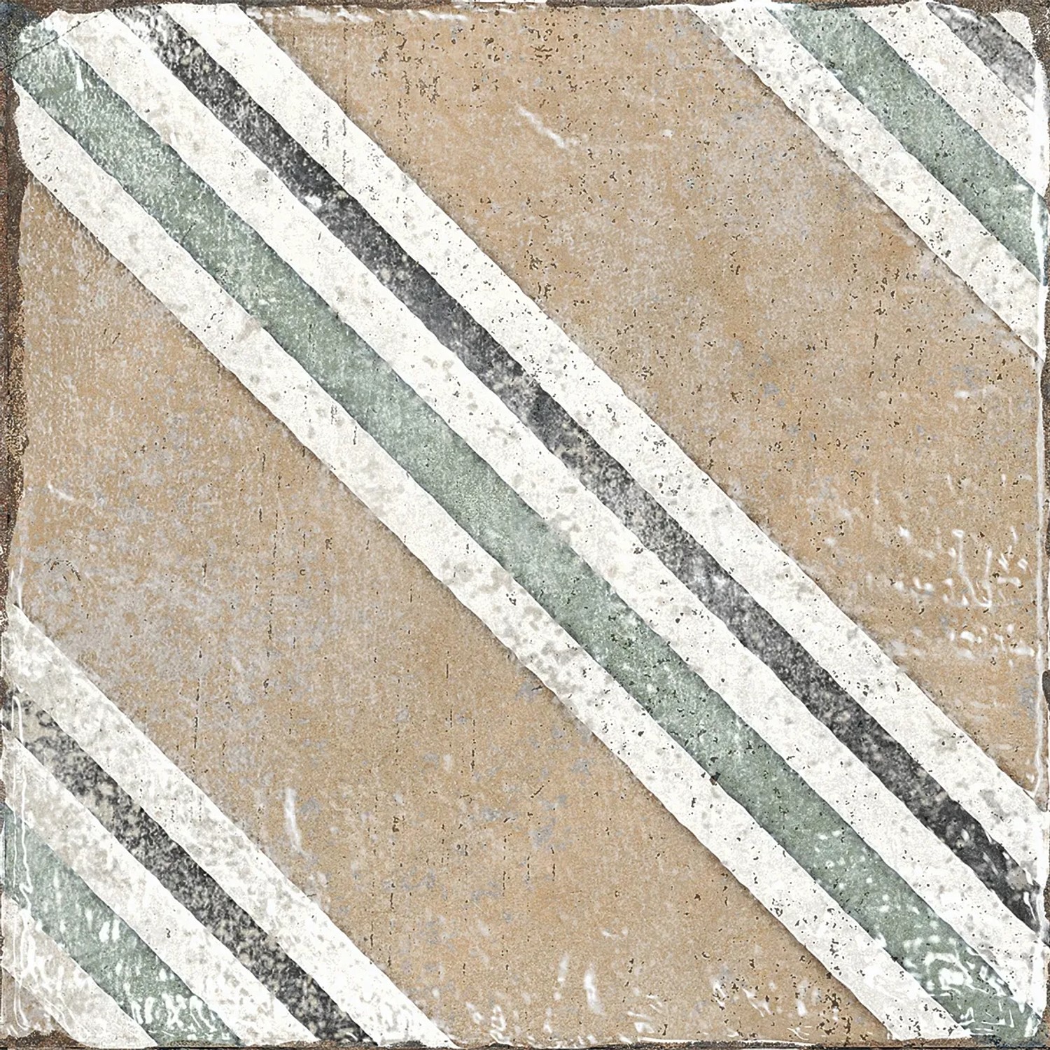 Bodenfliese Feinsteinzeug, matt glasiert, 20x20 cm, mit beigen und farbigen Streifen.