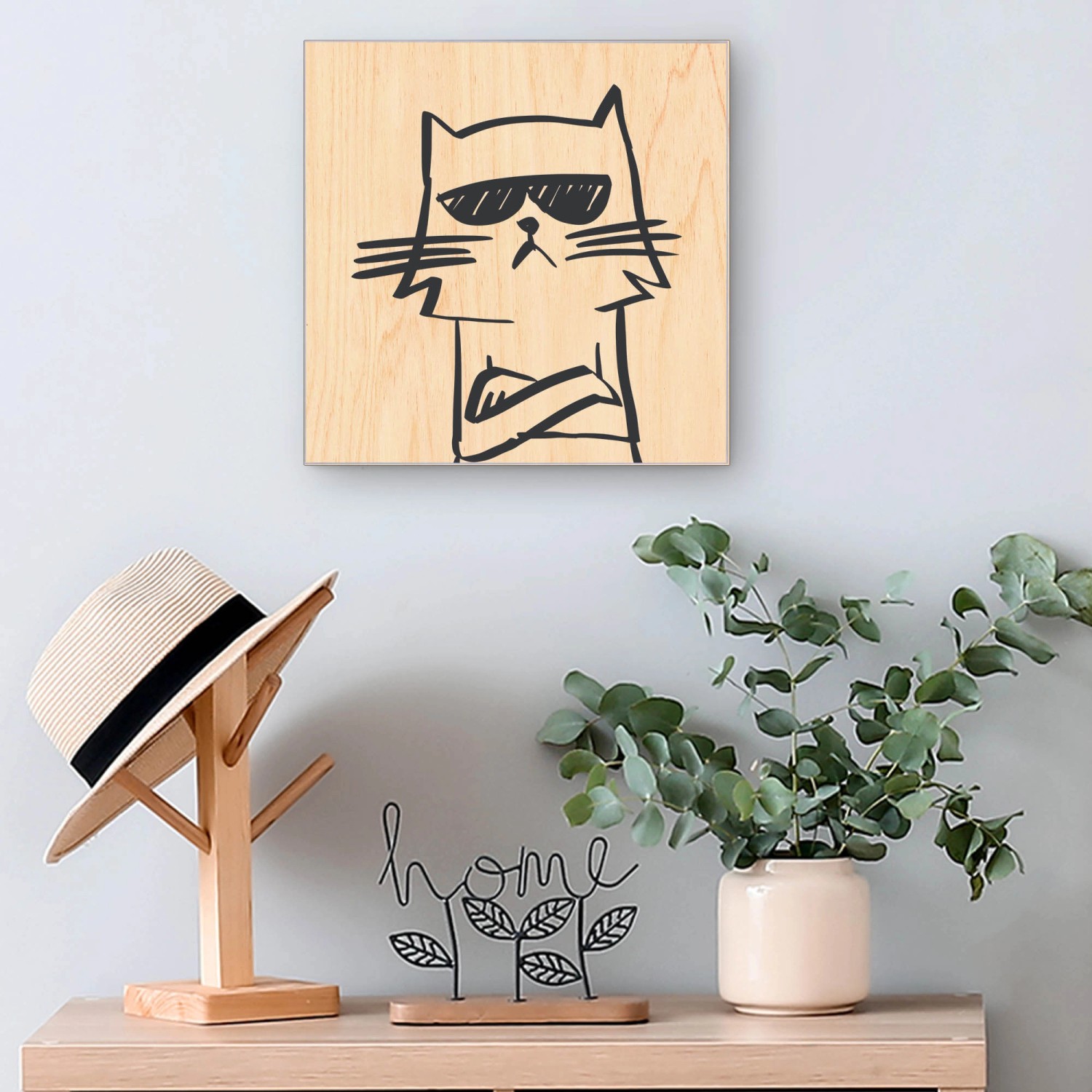 Banjado Schlüsselbox mit coolem Katzen-Motiv auf Holzfront, 30x30cm, für 50 Schlüssel.