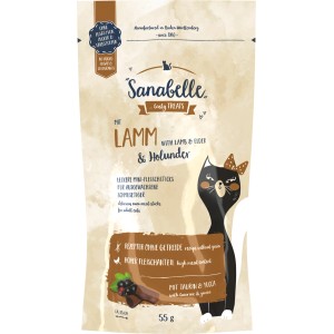 Sanabelle Katzen-Snack Lamm/Holunder, getreidefreie Mini-Fleischsticks für ausgewachsene Katzen.