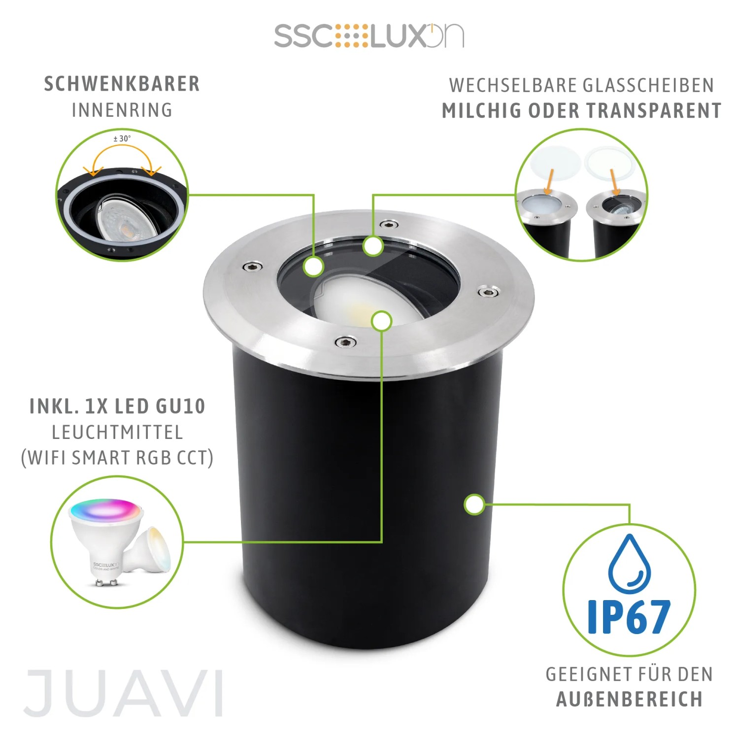 SSC-LUXon Juavi Bodeneinbaustrahler 3er Set für Außen, schwenkbar, Smart LED GU10, WLAN, RGB CCT.