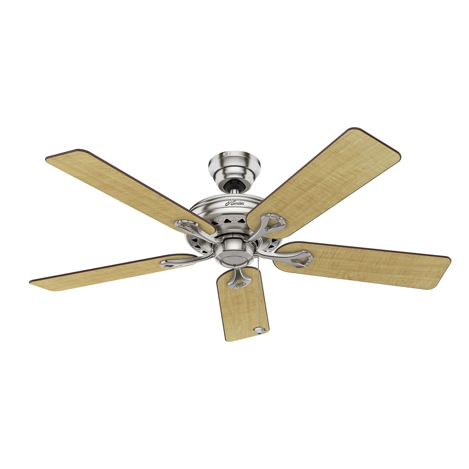HUNTER Savoy Deckenventilator, 132 cm, Nickel gebürstet, mit Ahorn-Flügeln und Zugkette.
