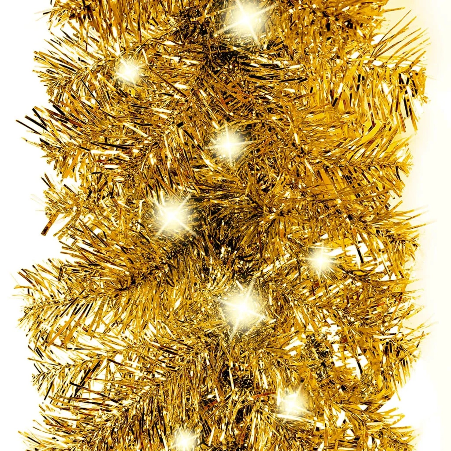 Glänzende goldene Weihnachtsgirlande aus PVC mit integrierten, hell leuchtenden LEDs. Dichte festliche Dekoration.