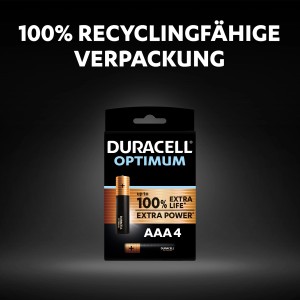 Duracell Optimum AAA Batterien, 4er-Pack. Alkaline-Batterien in recycelbarer Verpackung.