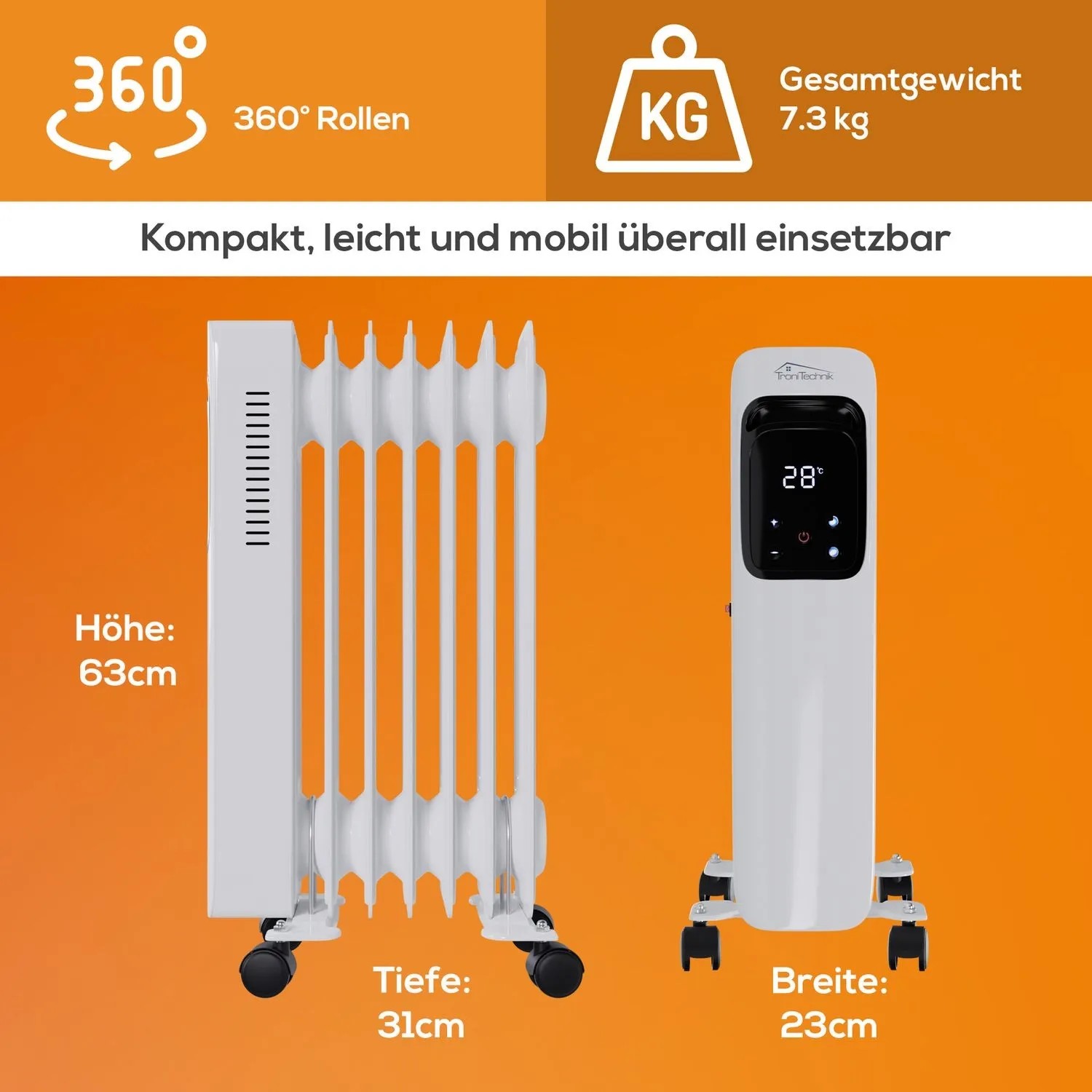 Weißer TroniTechnik Ölradiator TT OR 307 mit 7 Rippen, 1500 Watt und WiFi Funktion.