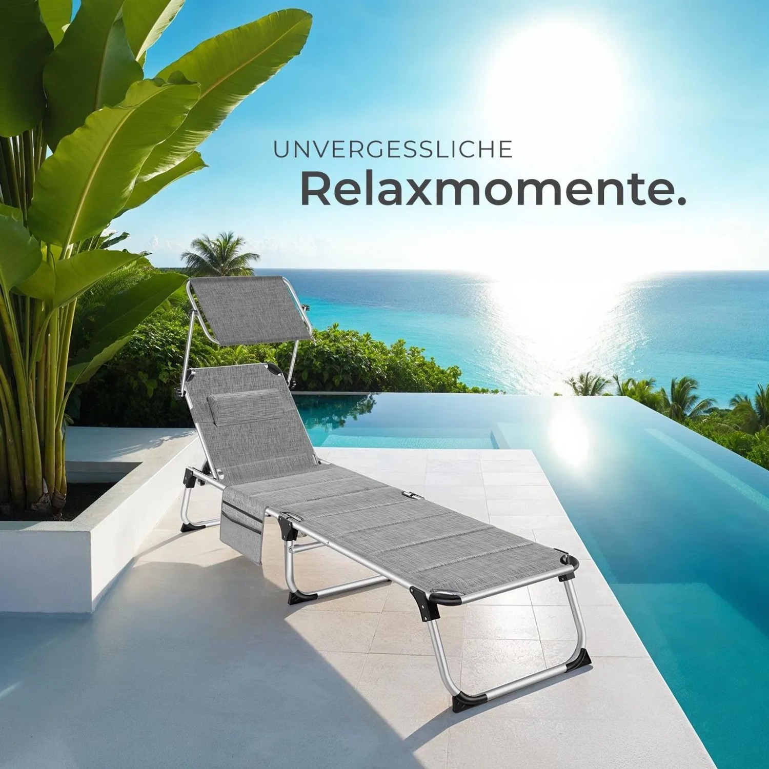 Gepolsterte, klappbare, graue Tectake Sonnenliege Lorella mit Sonnendach am Pool.