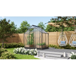 Vitavia Gewächshaus Triton 2500, schwarzer Rahmen, 2,5 m² mit Fundamentrahmen im Garten.
