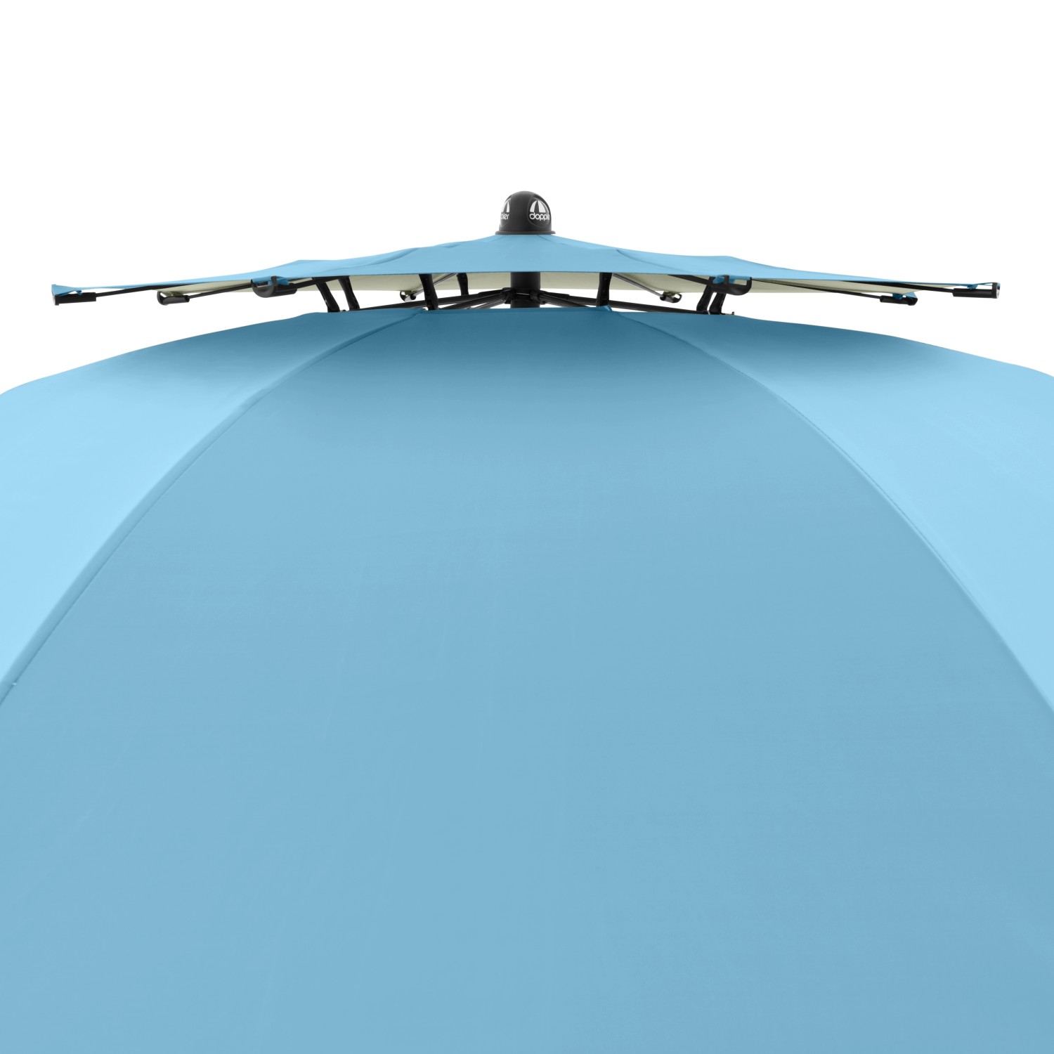 Blauer Doppler Strandschirm Windprofi Neo 200 mit Windventil und Fiberglas-Streben.