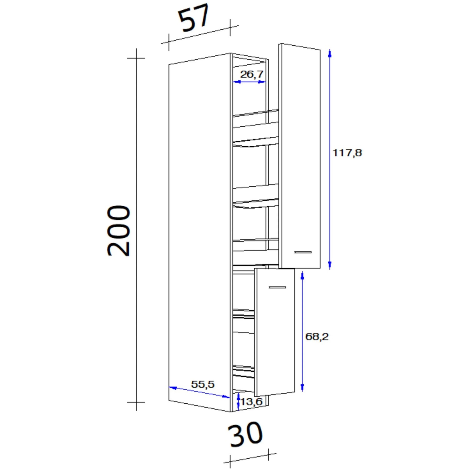 Technische Zeichnung: Flex-Well Apotheker-Hochschrank Cara, 30cm, Schilfgrün/Artisan Eiche, Maße