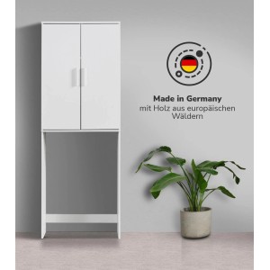 Weißer mokebo Waschmaschinenschrank 'Der Saubermann' als Badregal mit Stauraum über der Waschmaschine.