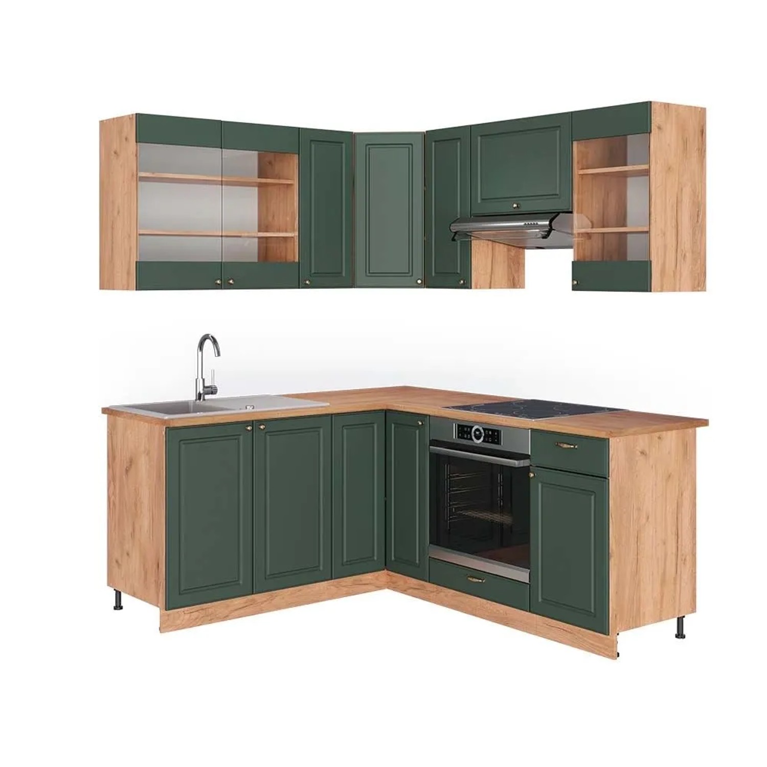 Vicco Eckküche Fame-Line Grün-Gold Landhaus/Goldkraft Eiche 190 x 82, AP Eiche