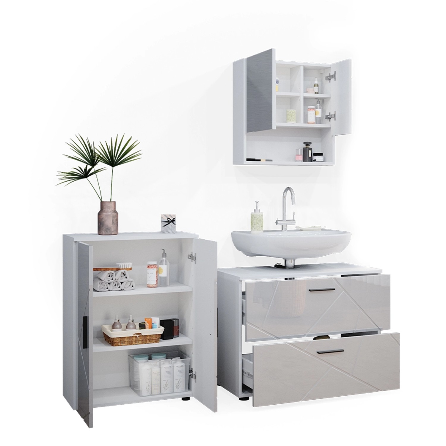 Vicco Badmöbel-Set Irma, 3-teilig, weiß hochglanz mit Unterschrank (80 cm), Spiegelschrank und Midischrank.