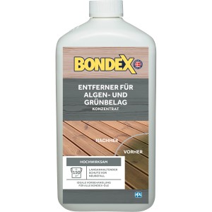 Bondex Algen- und Moosentferner 1L, ideal zur Holzreinigung und Vorbehandlung. Entfernt Grünbelag.