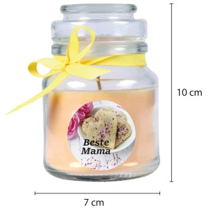 Gelbe Duftkerze im Glas mit Aufschrift "Beste Mama" und Vanille Duft, ideal zum Muttertag.