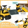 Gelber HOMCOM Kinder-Sitzbagger mit beweglicher Schaufel und Steuerhebeln. Robustes Aufsitzspielzeug für kleine Baumeister.