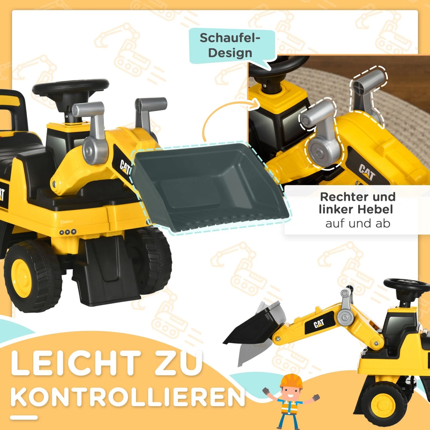 Gelber HOMCOM Kinder-Sitzbagger mit beweglicher Schaufel und Steuerhebeln. Robustes Aufsitzspielzeug für kleine Baumeister.