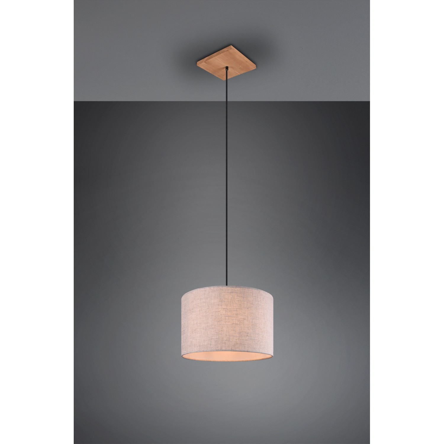 Hängelampe Elmau mit weißem Stoffschirm, Holzdetails und antikem Nickel-Finish.