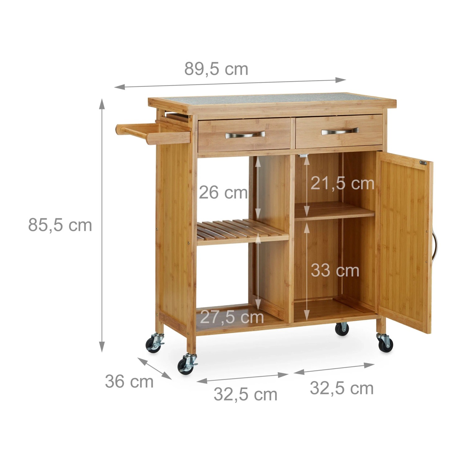 Mobiler Bambus Küchenwagen mit heller Marmorplatte, 2 Schubladen, offenem Regal und Schrank. HxBxT 85,5x89,5x36 cm.