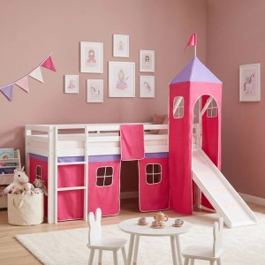 Homestyle4u Hochbett 90x200 weiß mit pinkem Vorhang, Rutsche und Turm. Spielbett für Kinder, ideal für jedes Kinderzimmer.